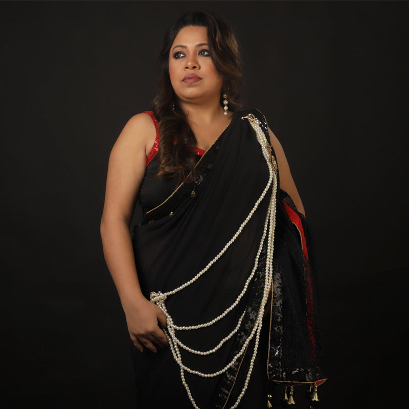 Black Gorgette With White Pearl Shoulder Embellishedment