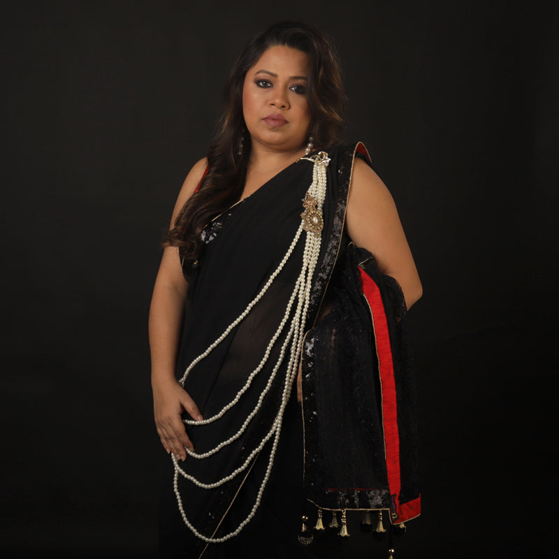 Black Gorgette With White Pearl Shoulder Embellishedment