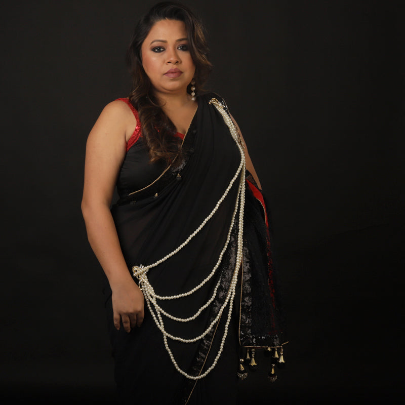 Black Gorgette With White Pearl Shoulder Embellishedment
