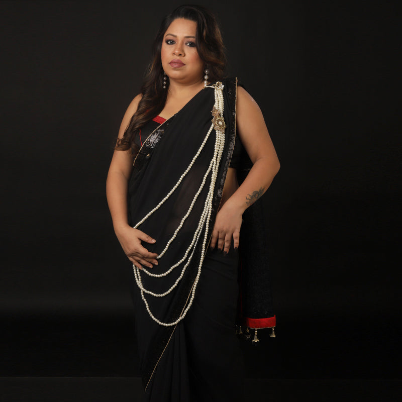 Black Gorgette With White Pearl Shoulder Embellishedment