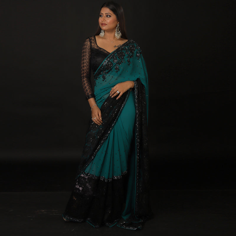 Blue And Black Brocket Border Sequence Saree