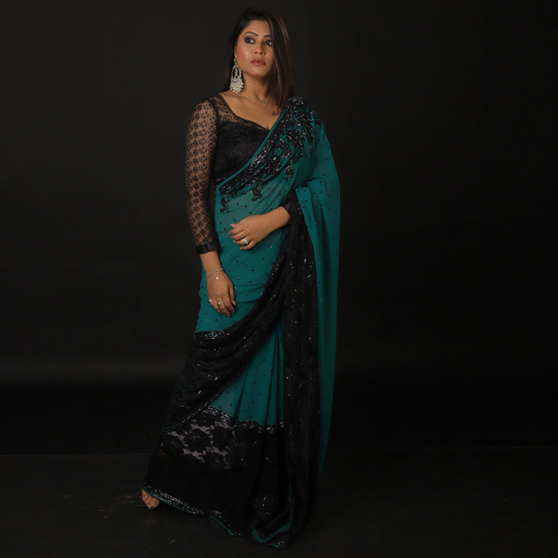 Blue And Black Brocket Border Sequence Saree