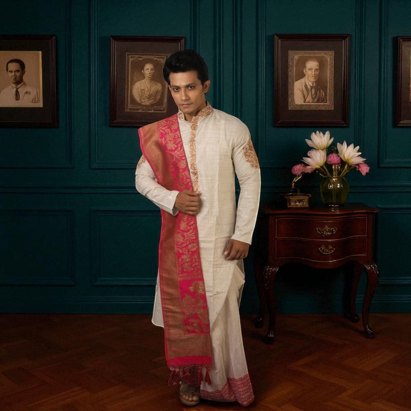 Khadi With Zari Peta Work Kurta With Dhuti