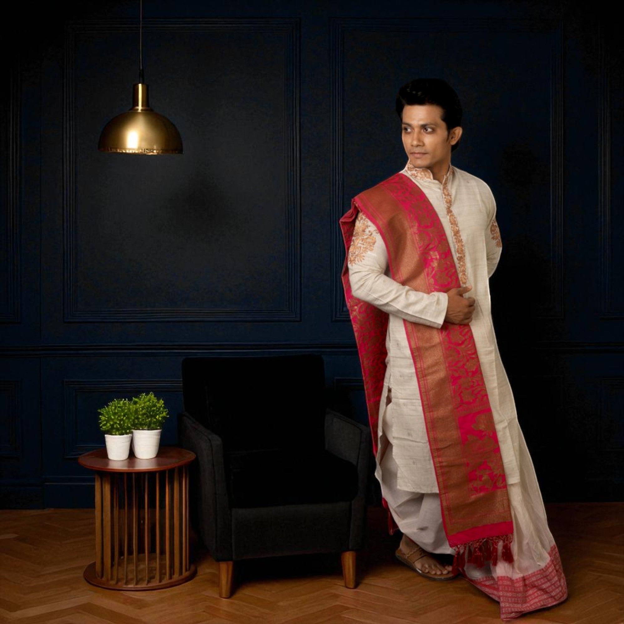 Khadi With Zari Peta Work Kurta With Dhuti