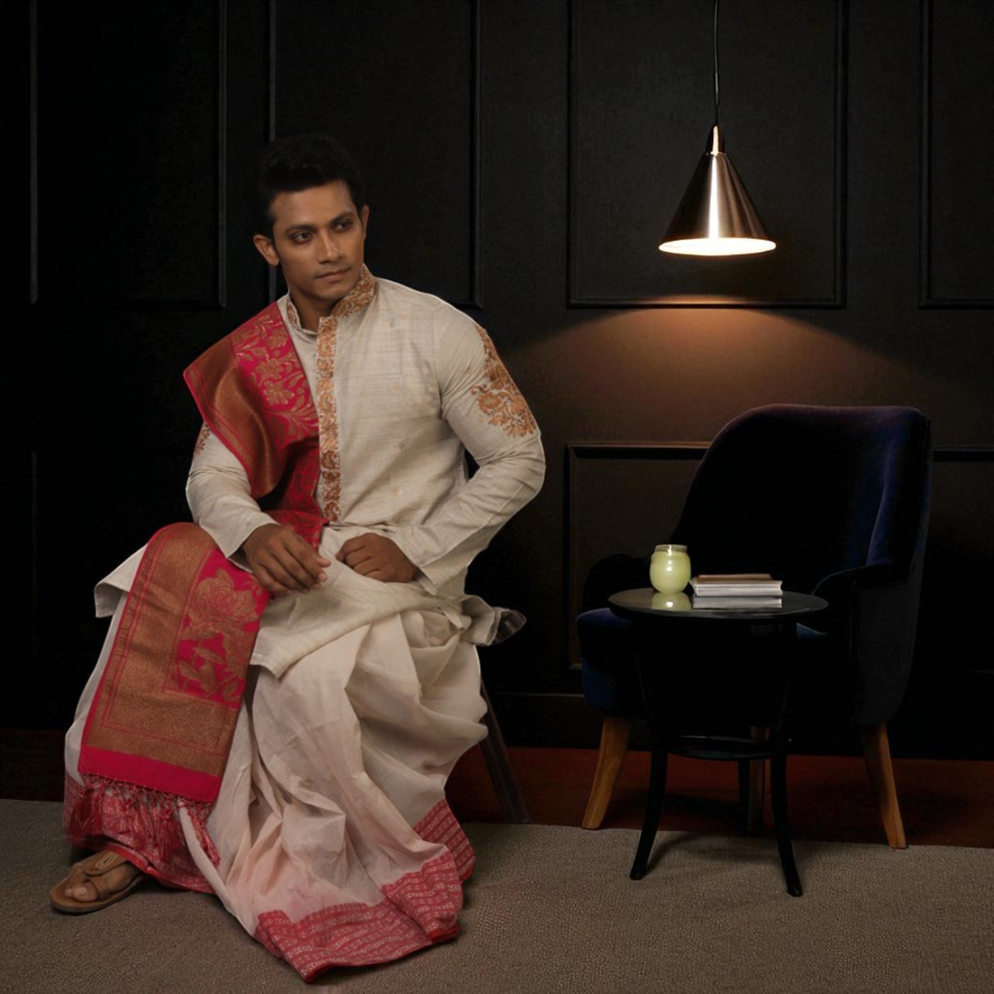 Khadi With Zari Peta Work Kurta With Dhuti
