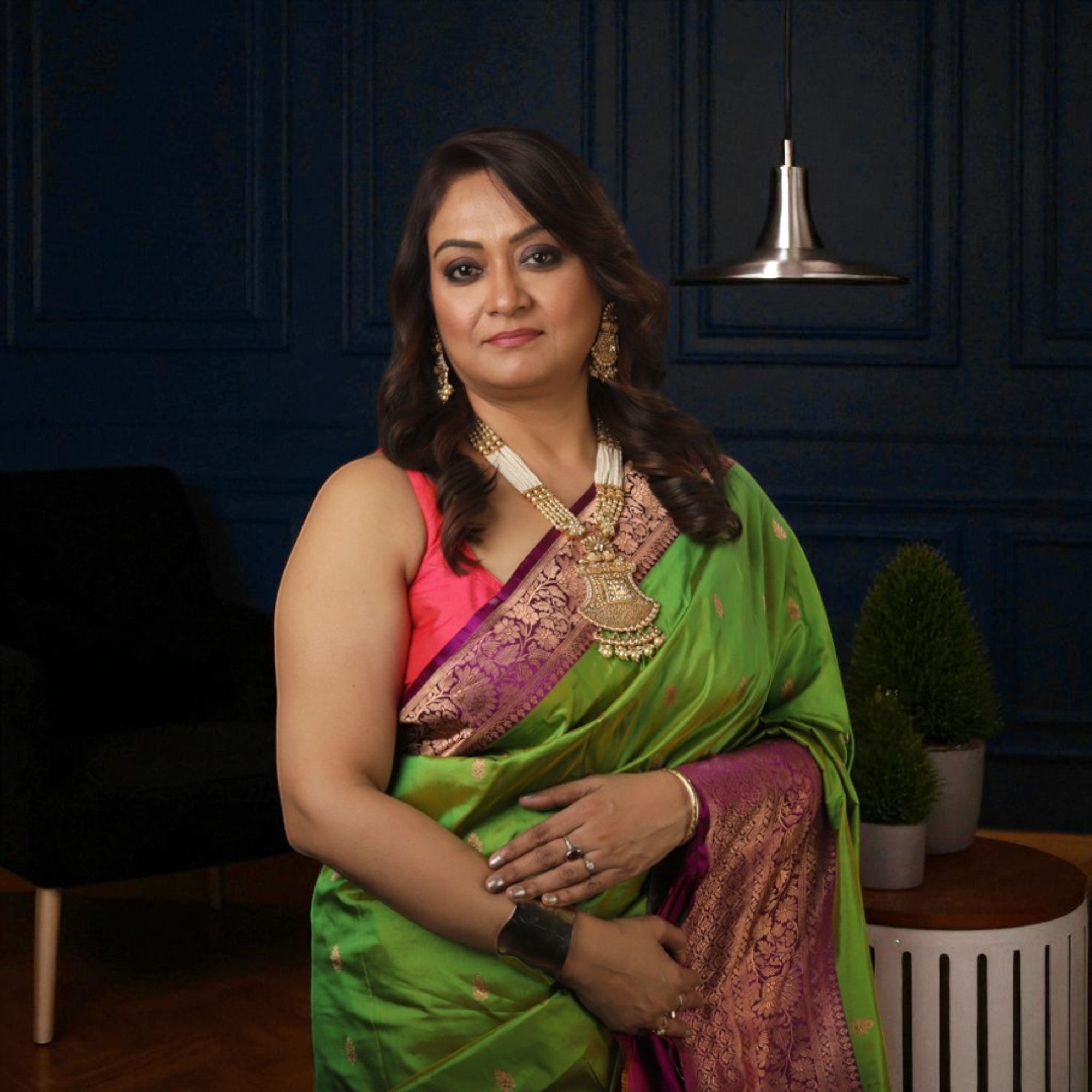 Parrot Green With Purple Border Pure Katan Banarasi