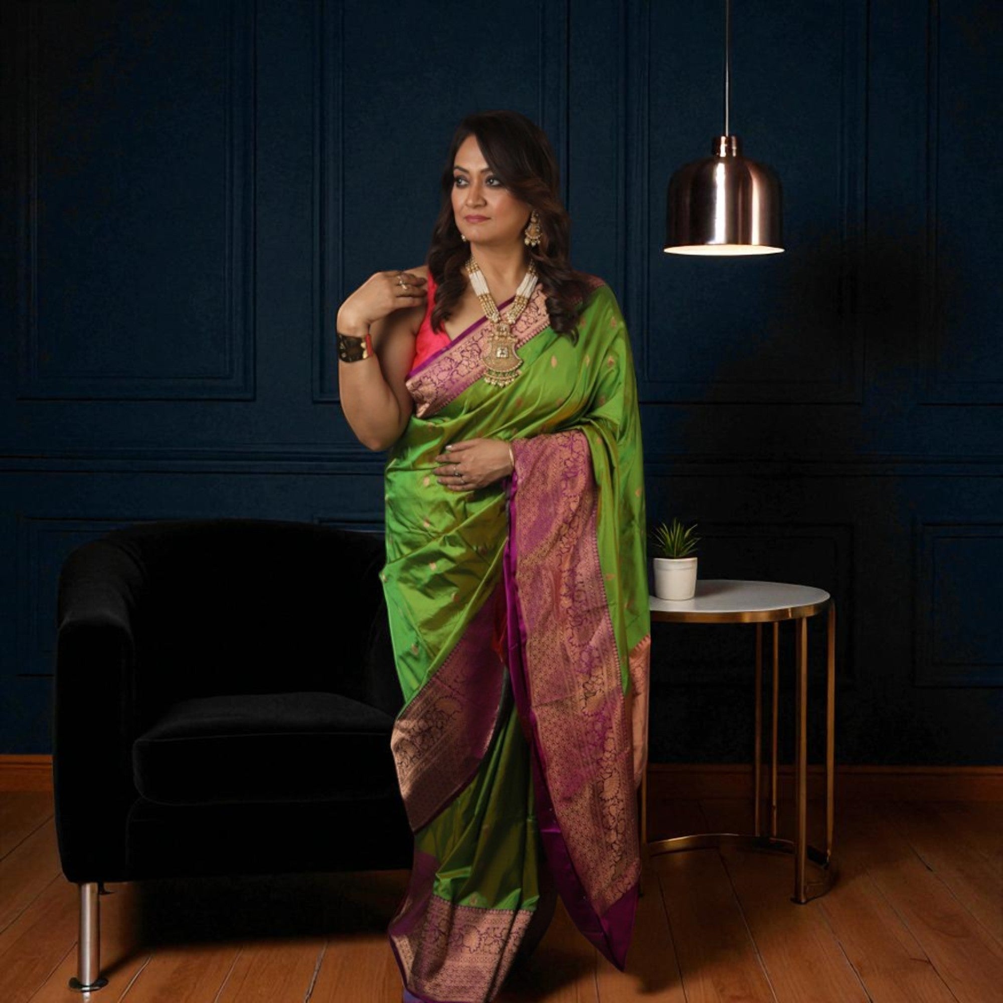 Parrot Green With Purple Border Pure Katan Banarasi