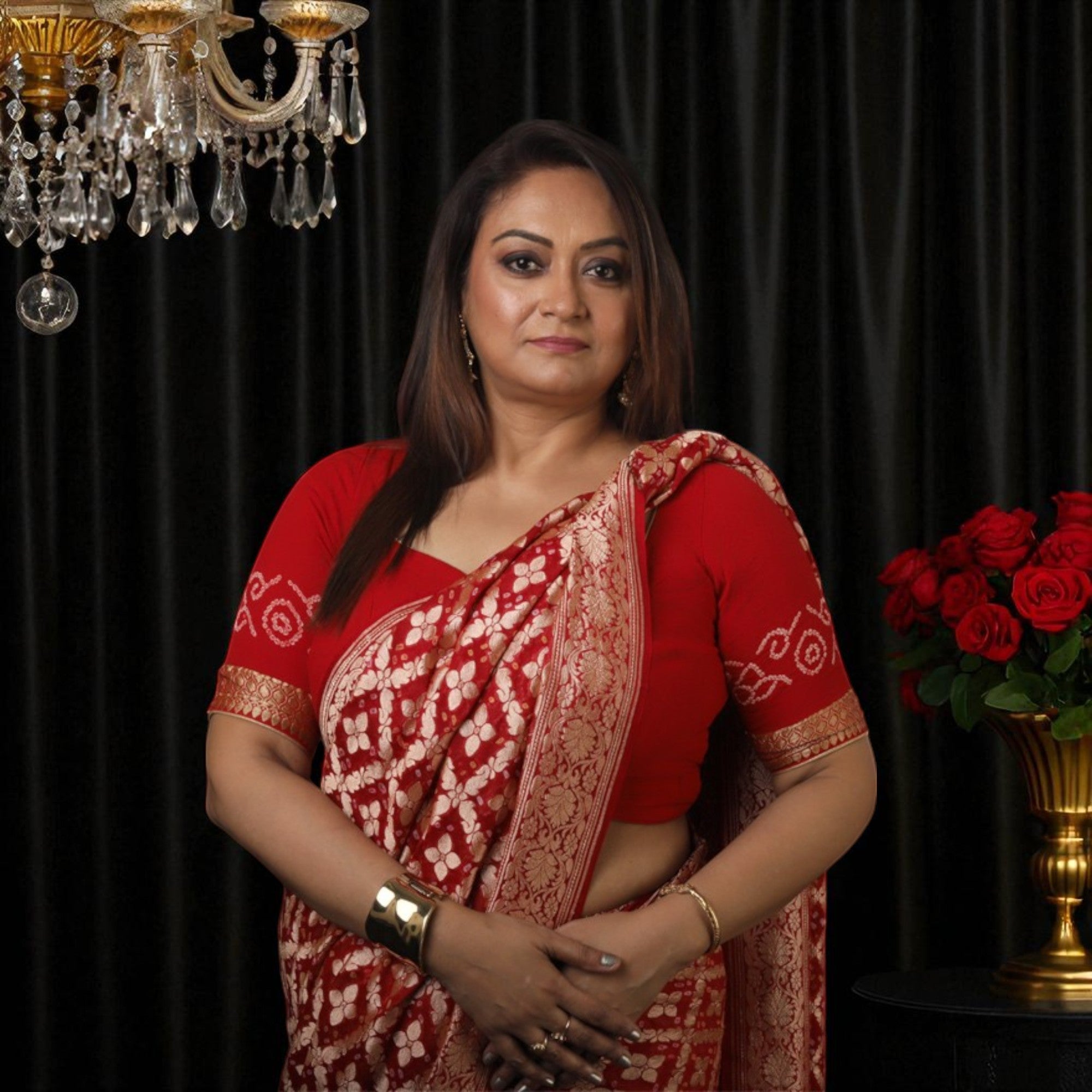 Red And Golden Pure Khaddi Gorgette Banarasi