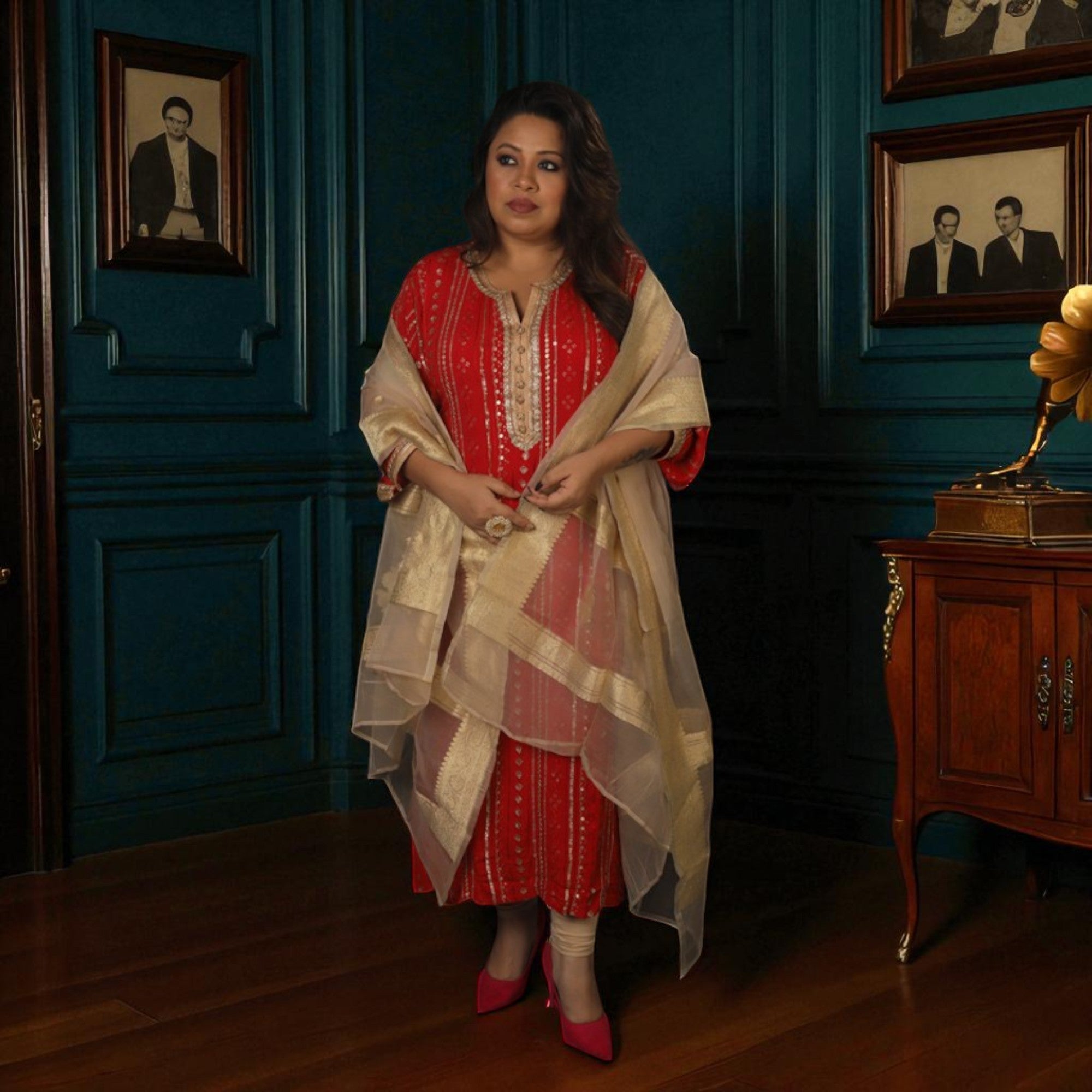 Red Sequence Kurta Set