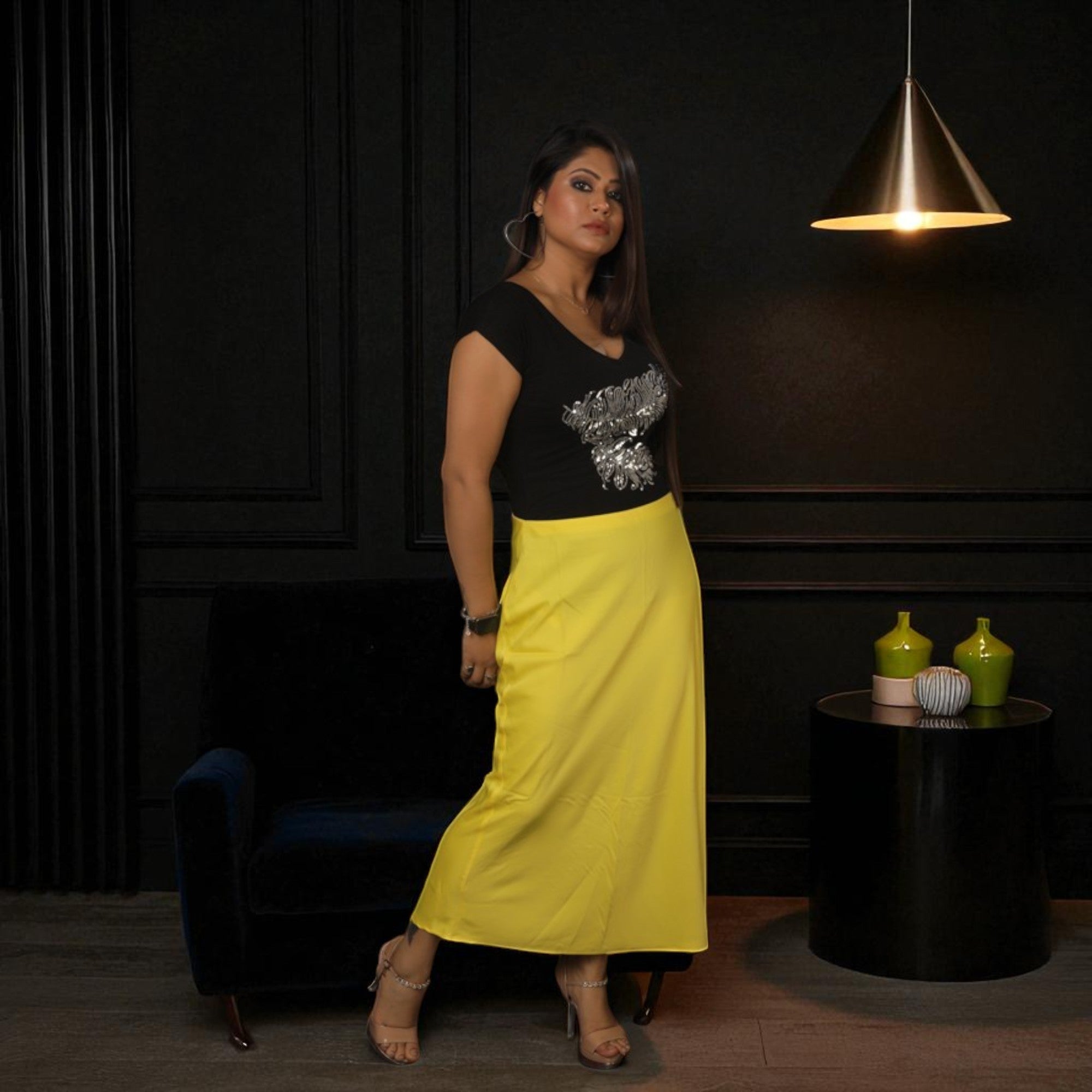 Satin Skirt With Sequence T- Shirt