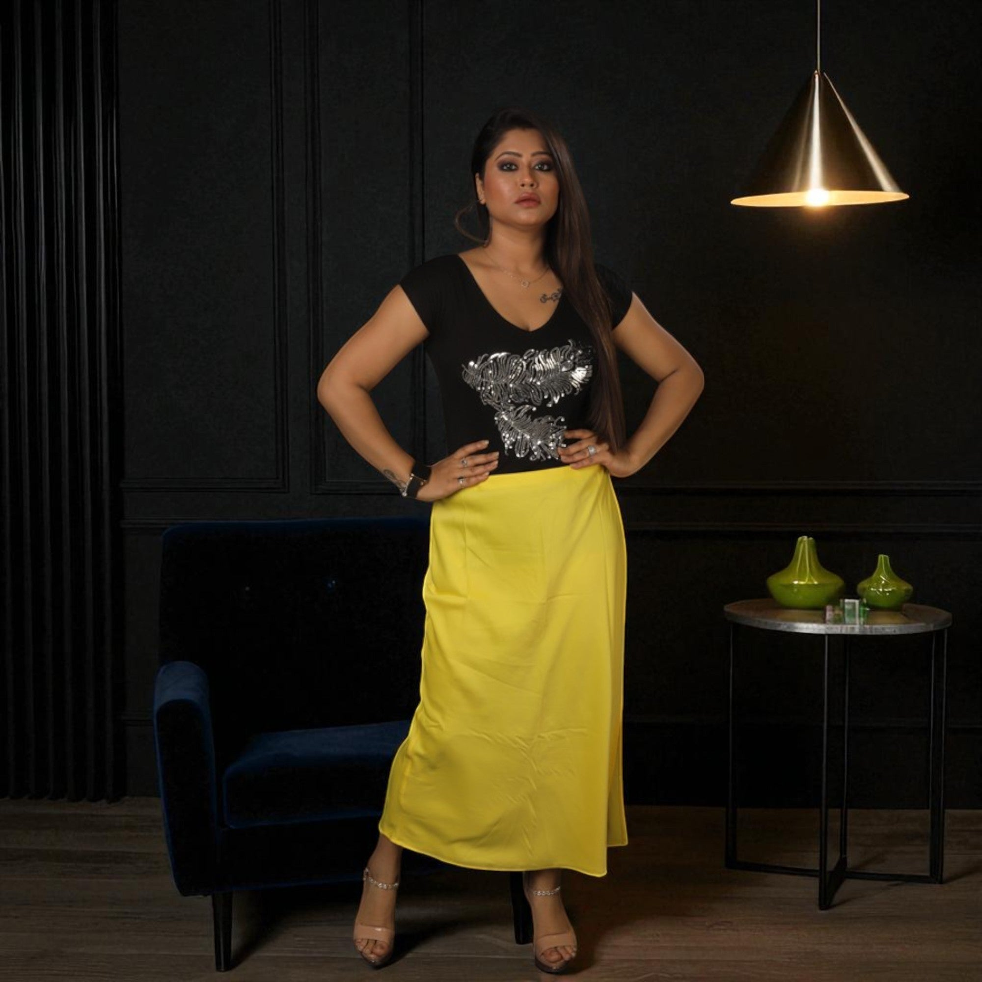 Satin Skirt With Sequence T- Shirt