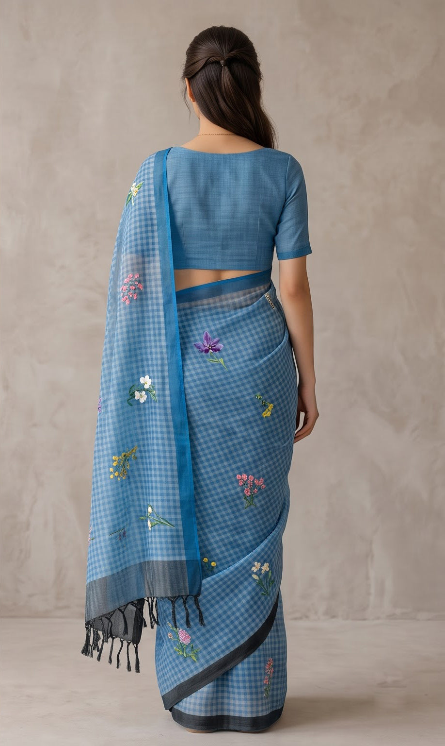 Blue Blossom Cheked Linen Saree