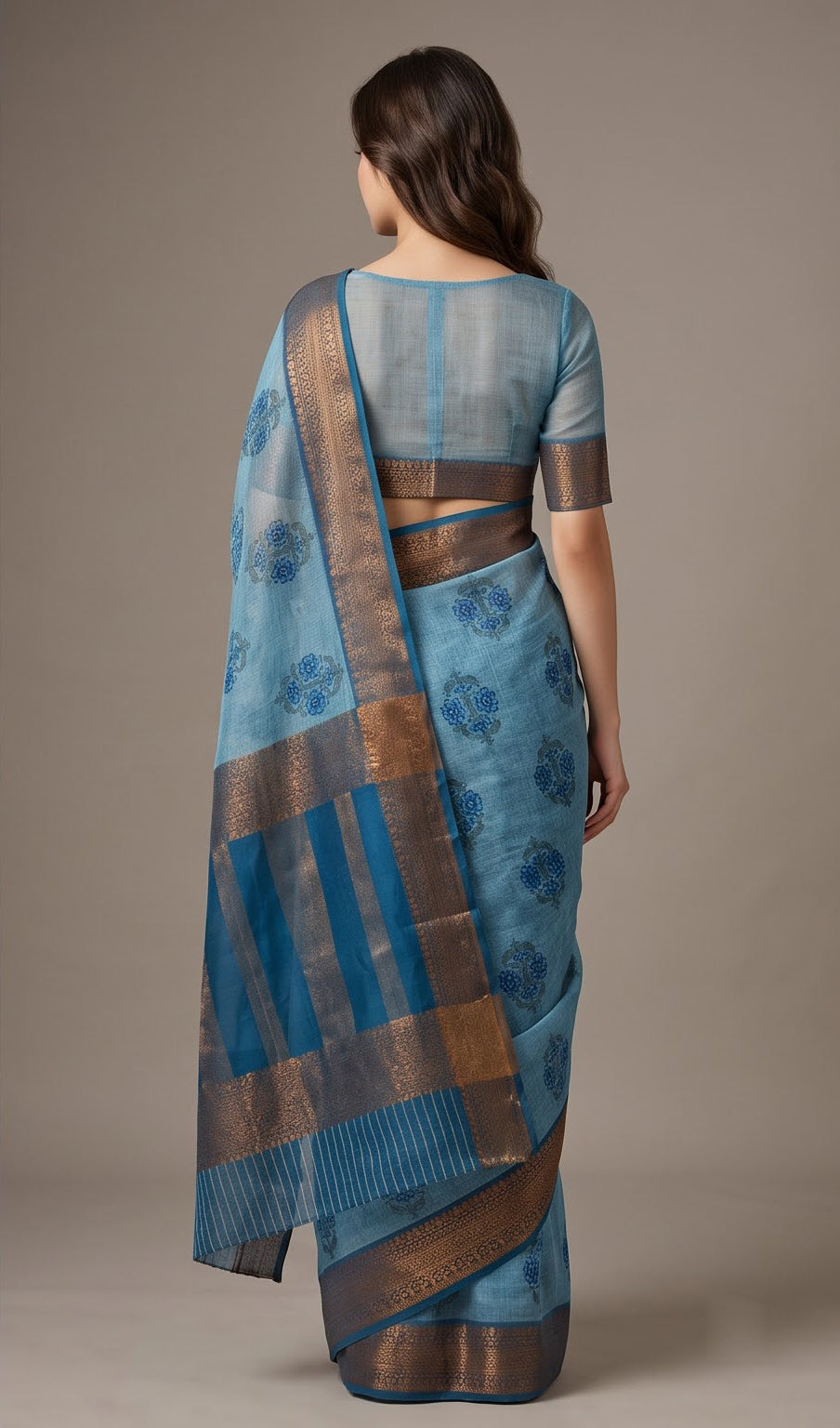 Blue Blossom Motif Linen Saree