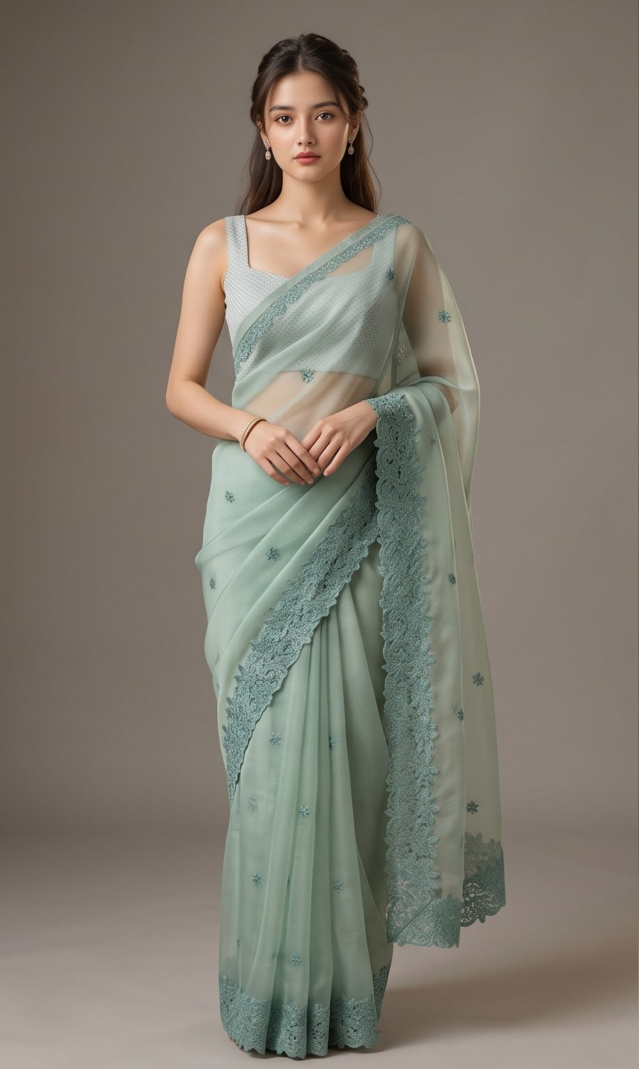 Sage Mist Organza Resham Border