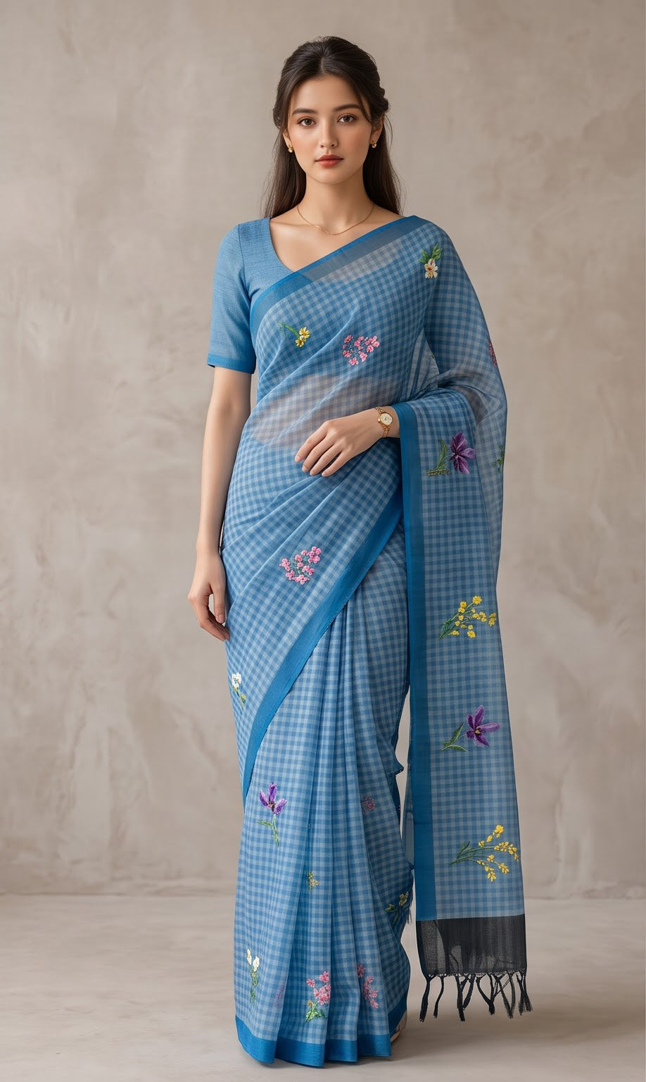 Blue Blossom Cheked Linen Saree