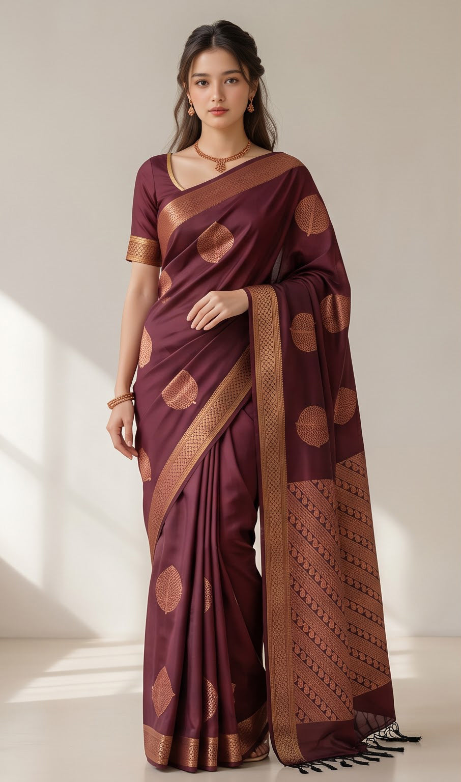 Semi Katan Leaf Motif Zari Saree