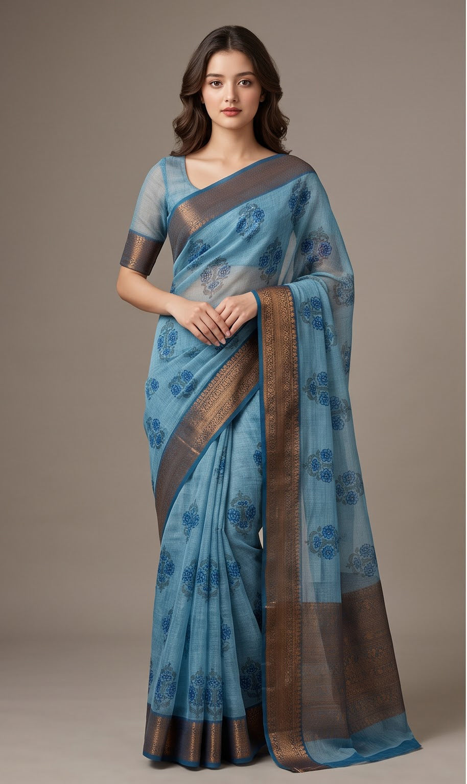 Blue Blossom Motif Linen Saree