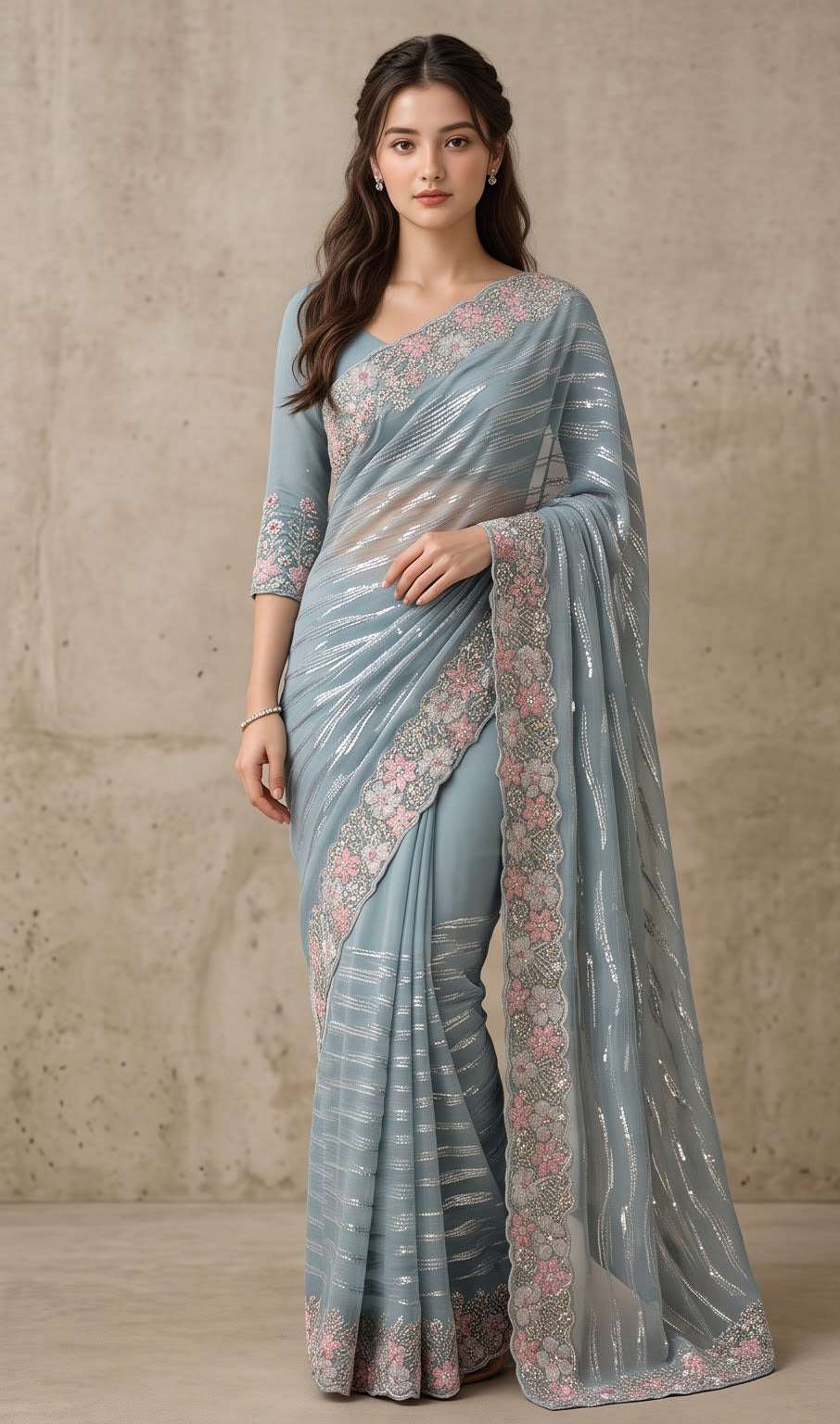 Sage Blue Resham Self Sequence