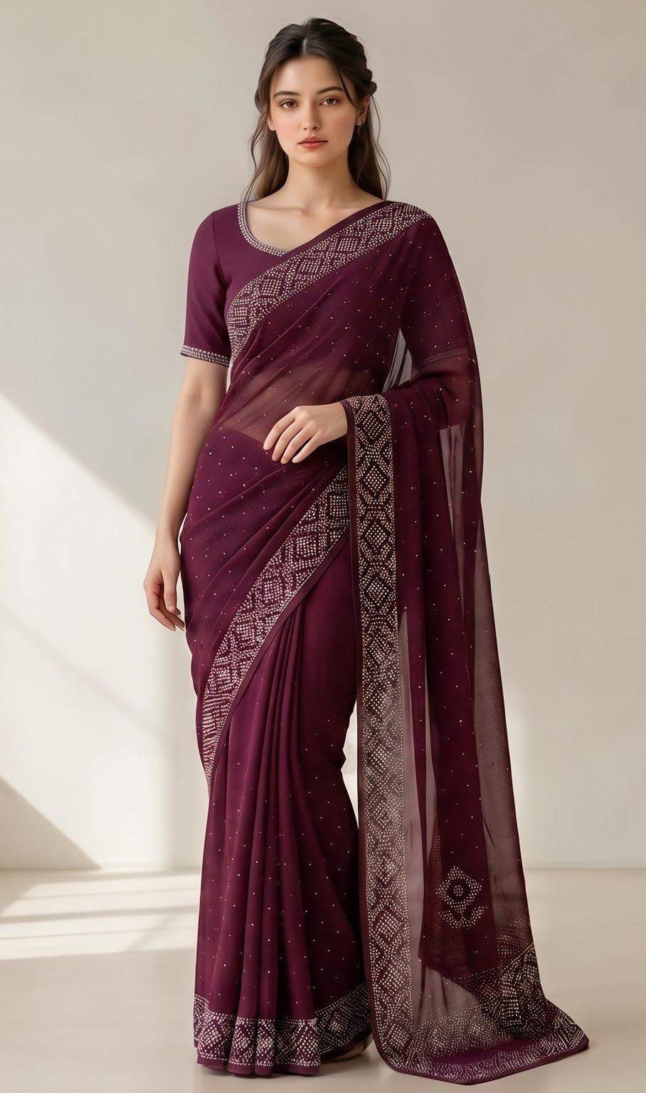 Wine Georgette Stone Work Saree
