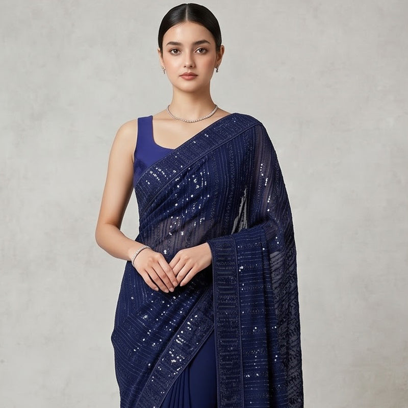 Navy Blue Shimmer Georgette Sequence