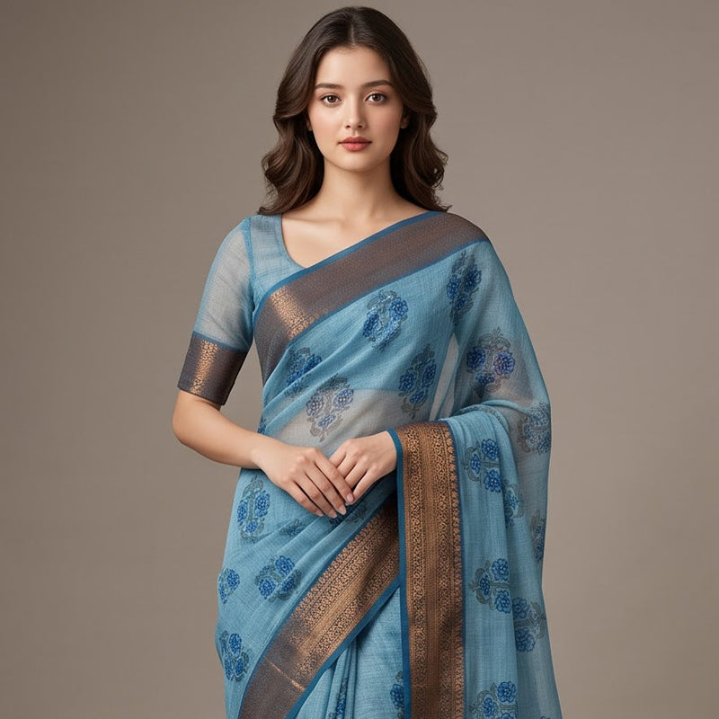 Blue Blossom Motif Linen Saree