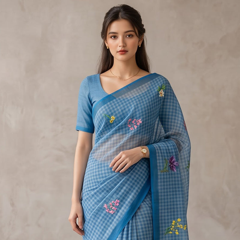 Blue Blossom Cheked Linen Saree