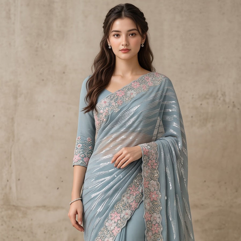 Sage Blue Resham Self Sequence