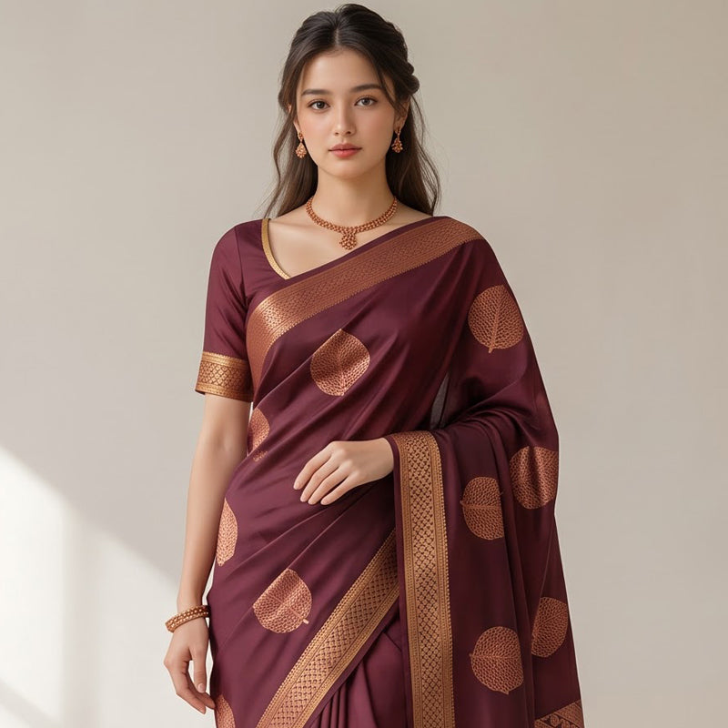 Semi Katan Leaf Motif Zari Saree