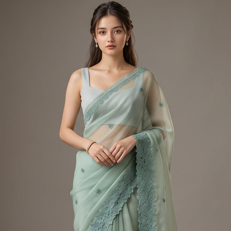 Sage Mist Organza Resham Border
