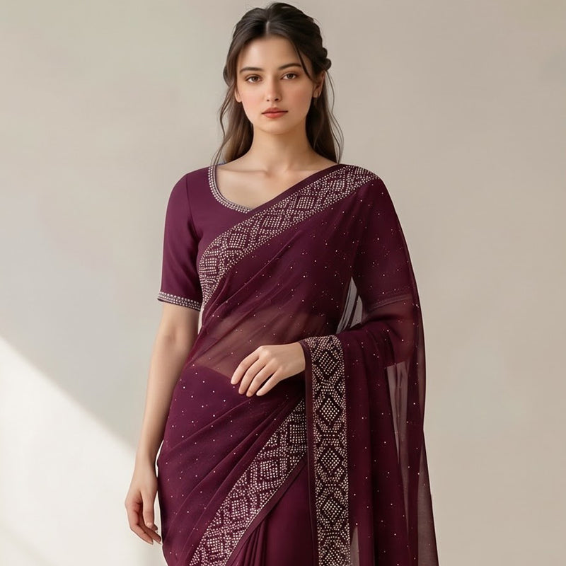 Wine Georgette Stone Work Saree