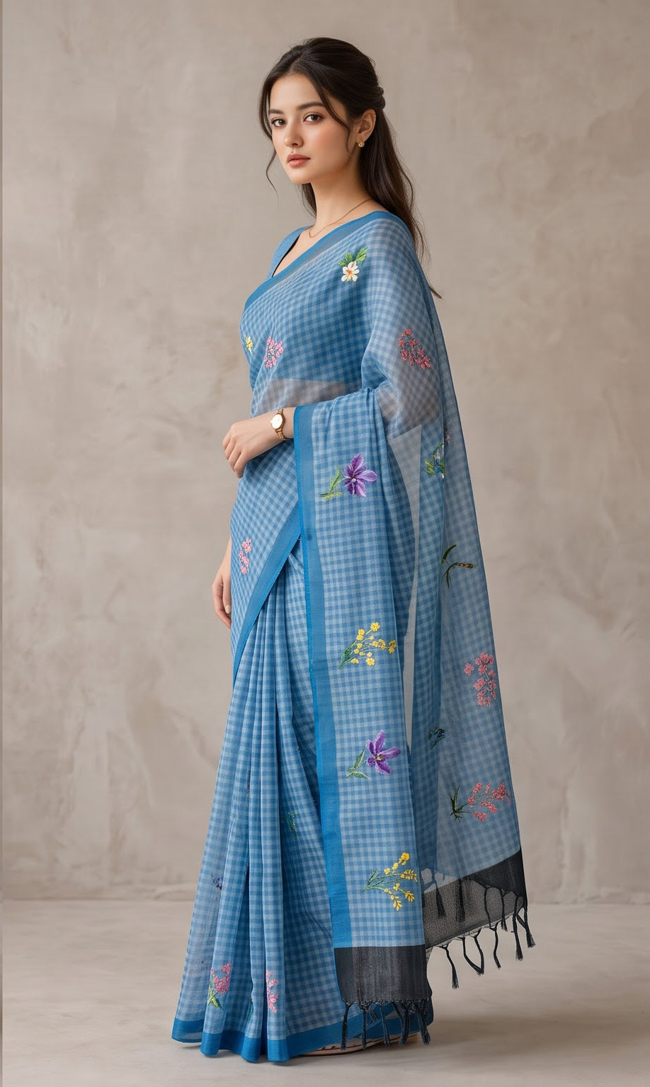 Blue Blossom Cheked Linen Saree