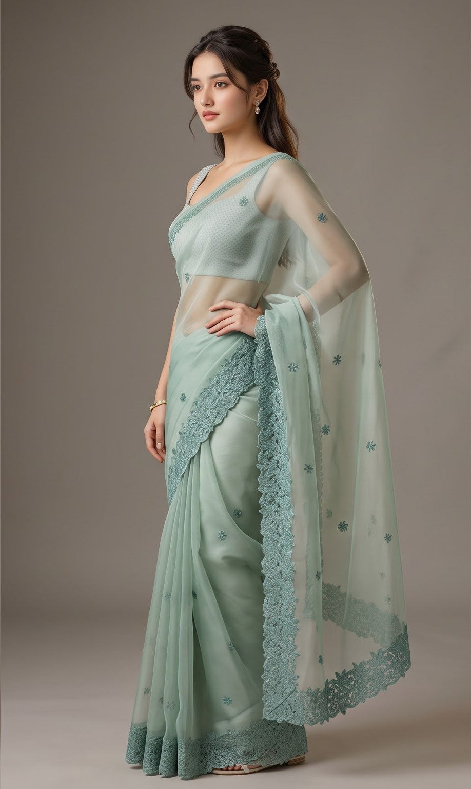 Sage Mist Organza Resham Border