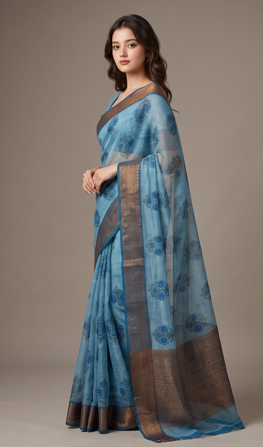 Blue Blossom Motif Linen Saree