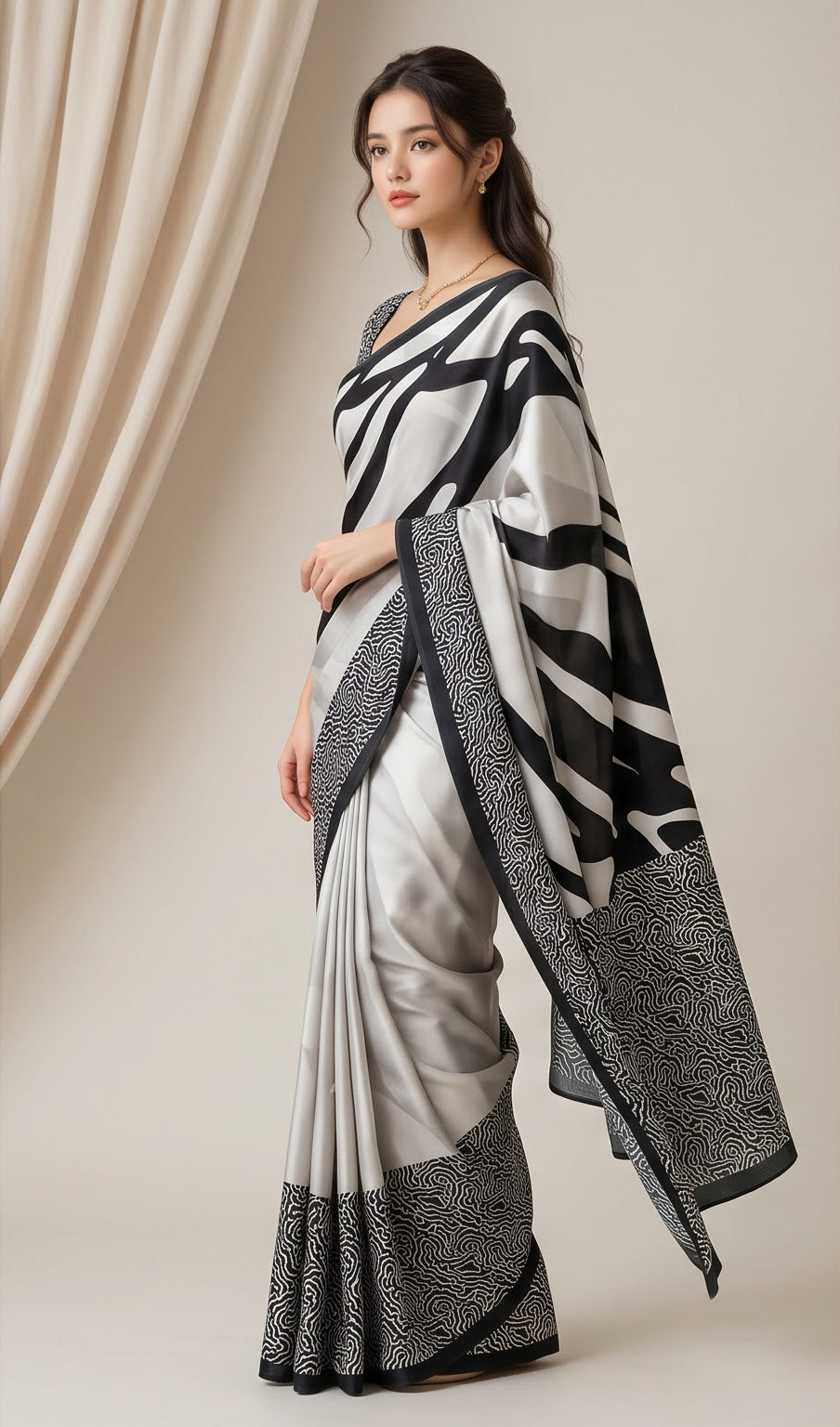 Monochrome Flow  Modal Silk Saree