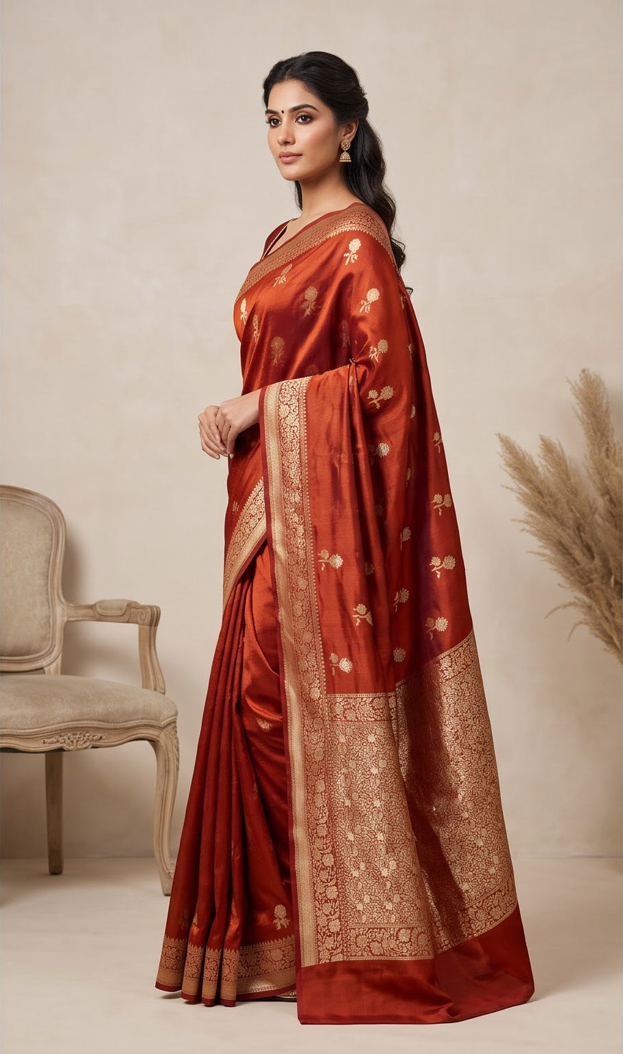 Rust Red Floral Motif Muga Silk Saree